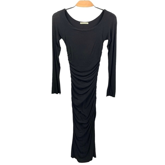 Velvet by Graham & Spencer Black Ribbed Viscose Jersey Ruched Midi Dress Size M - Picture 2 of 8